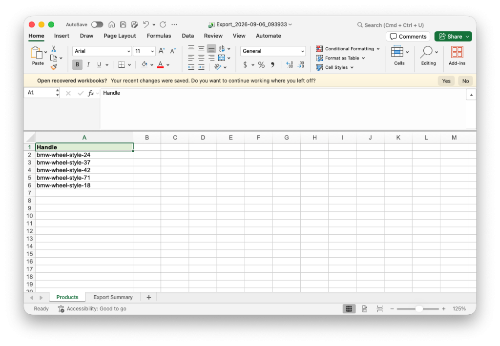 3. Matrixify app exported list of Product Handles