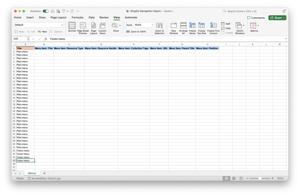 3. Matrixify menu template - add Shopify navigation menu Title column