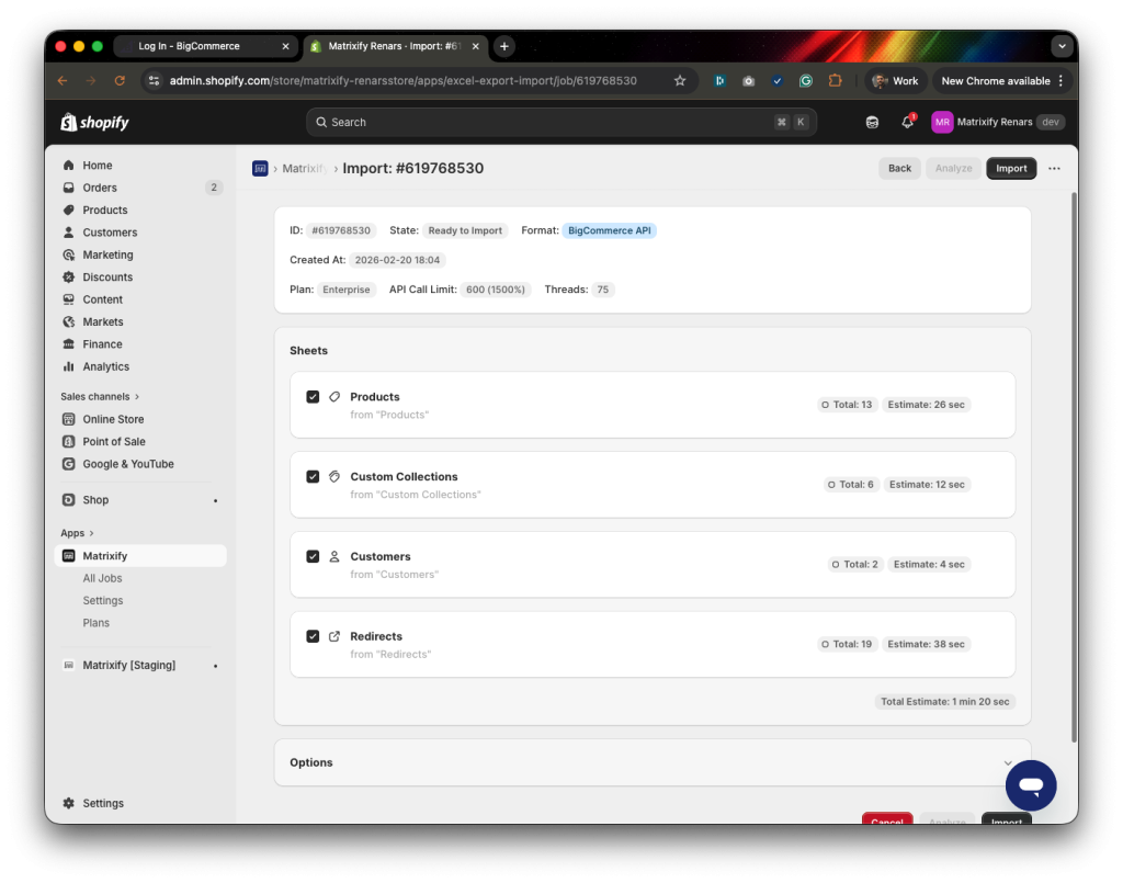 3. Migrate BigCommerce Products, Collections and Customers to Shopify Matrixify import