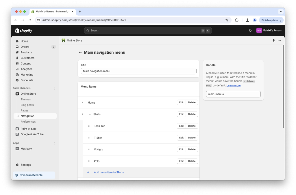 3. Migrated easly and quickly Shopify navigation Menus admin
