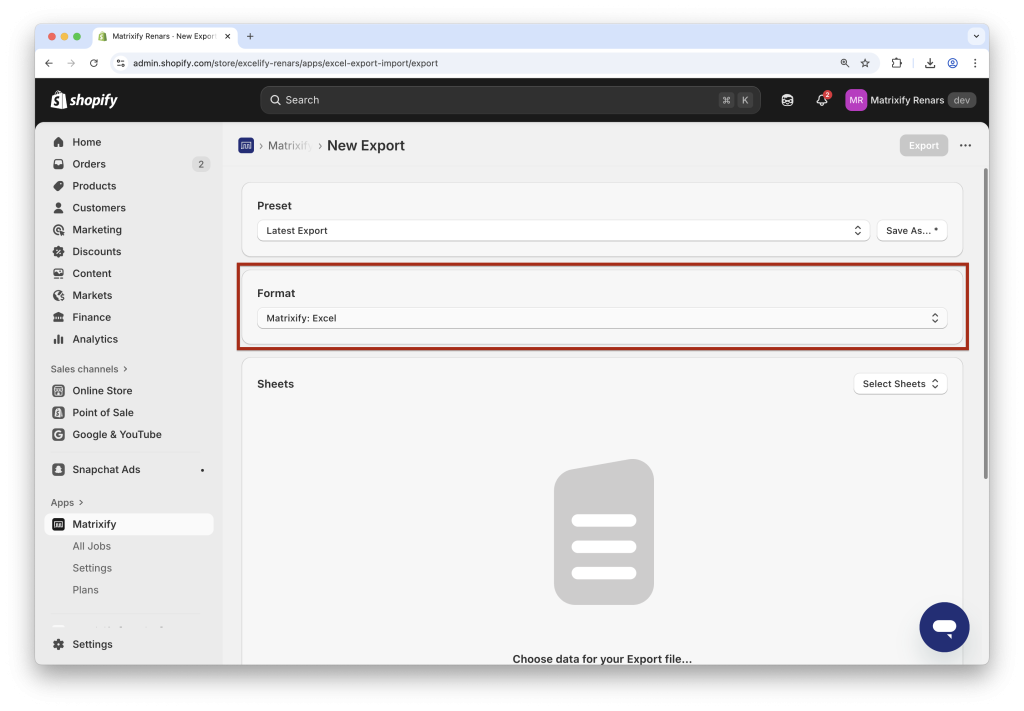 3. Select Shopify data export to Excel or CSV file in Matrixify app