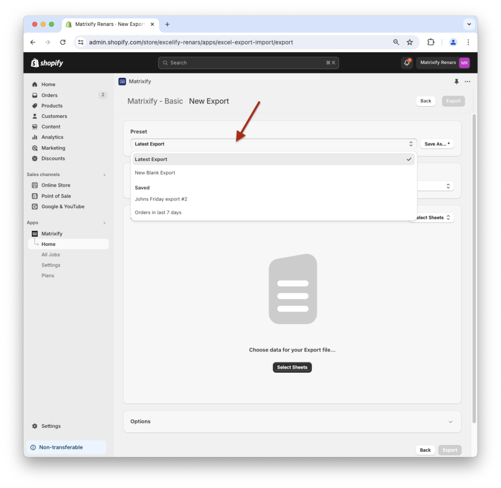 3. Select save manage Shopify data export template preset options
