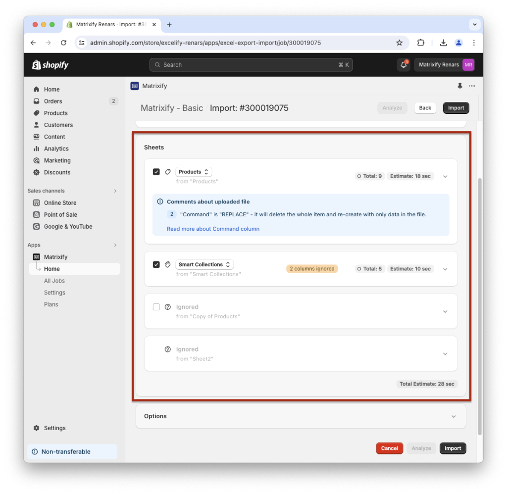 3. Shopify data import Matrixify multiple sheets selection import column ignored columns estimate