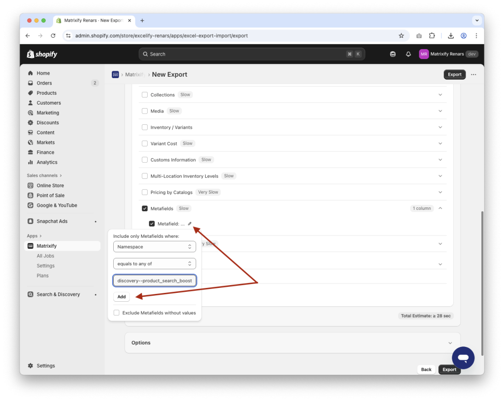 3. Shopify products export, only search & discovery metafields selected