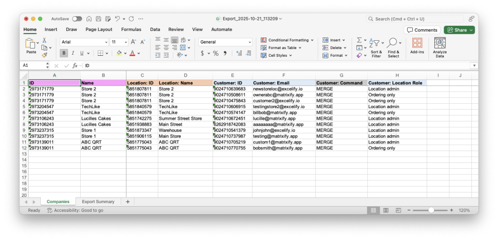 3. Spreadsheet with Shopify B2B Companies, Locations and linked Customers