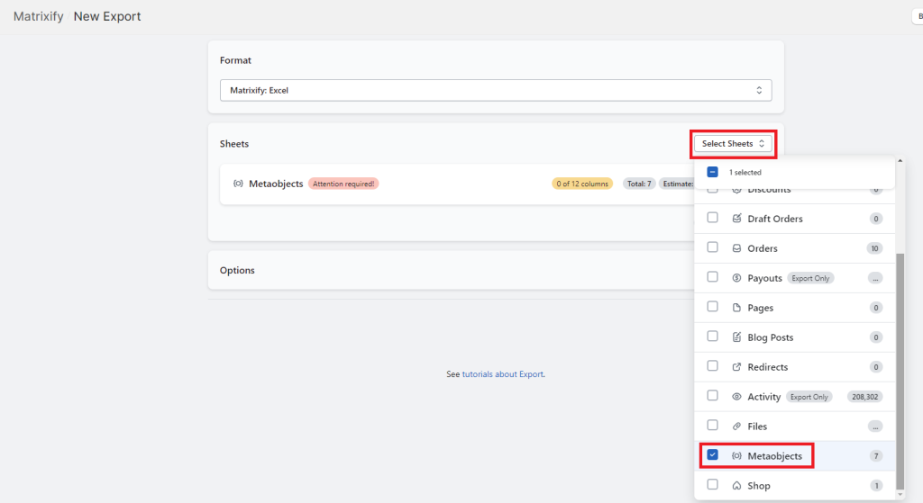 3. create new export in Matrixify app - select to export Shopify Metaobject Entries Excel CSV bulk manage
