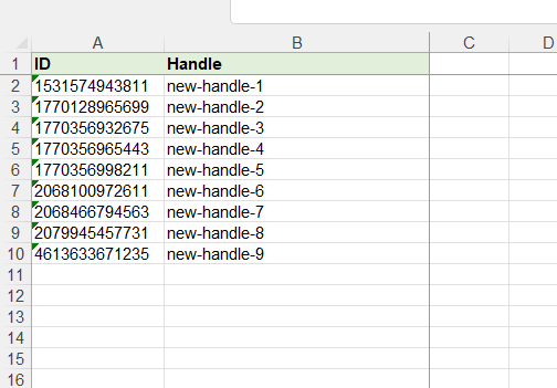 3. edited file Shopify Product Handle ID CSV Excel Matrixify