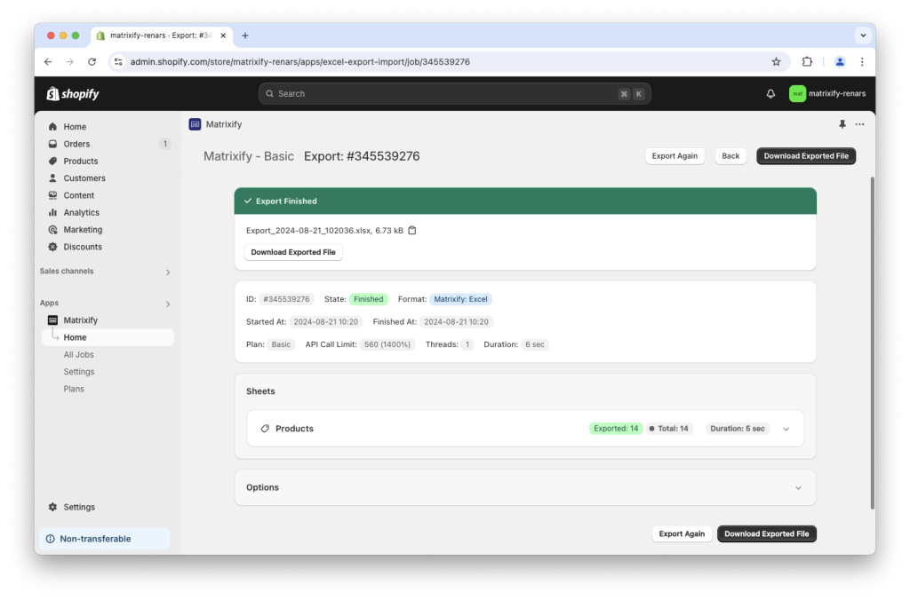 3. finished Shopify metafield value data bulk export Excel XLSX CSV Matrixify app