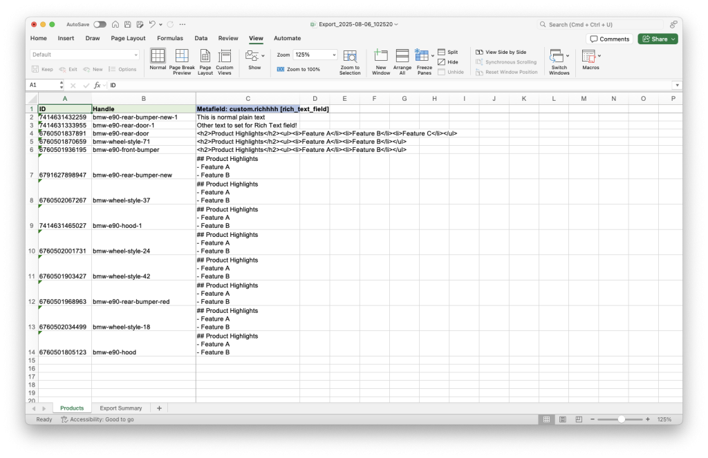 3. set Shopify rich text metafield to HTML, markdown and plain text values