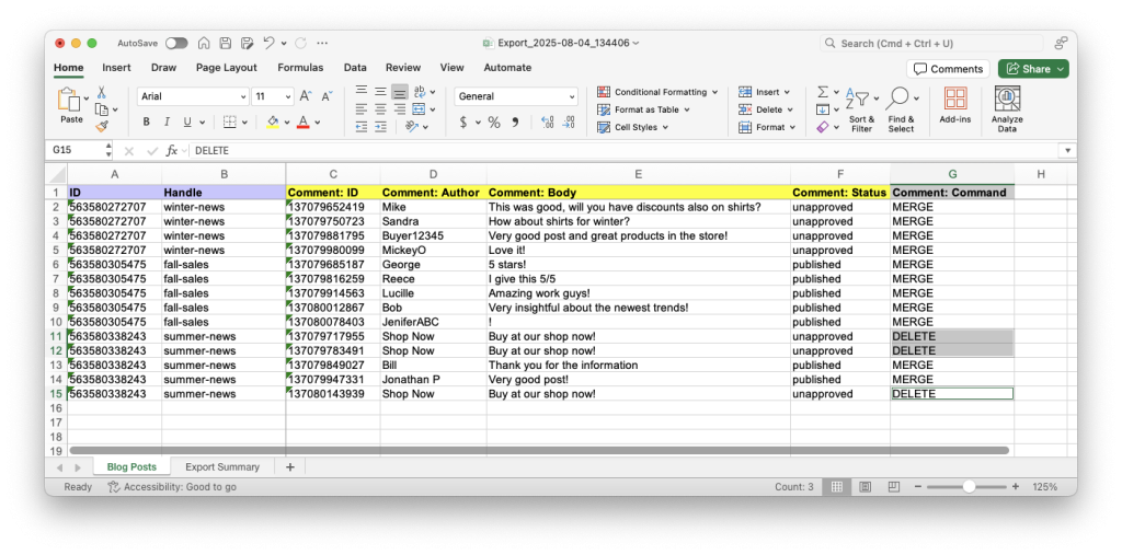 4 - Bulk delete Blog Post Comments in Shopify using Matrixify Excel CSV file