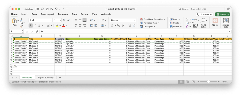 4 - Exported sample Discount duplicated in Excel spreadsheet file