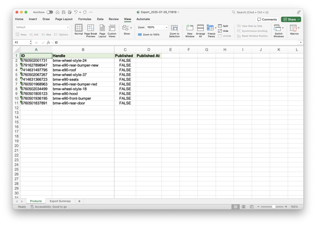 4 - Matrixify exported Shopify Products to Excel XLSX spreadsheet