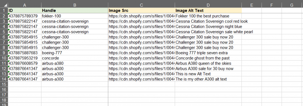4 - Shopify import excelify excel csv update only image product edit only alt text