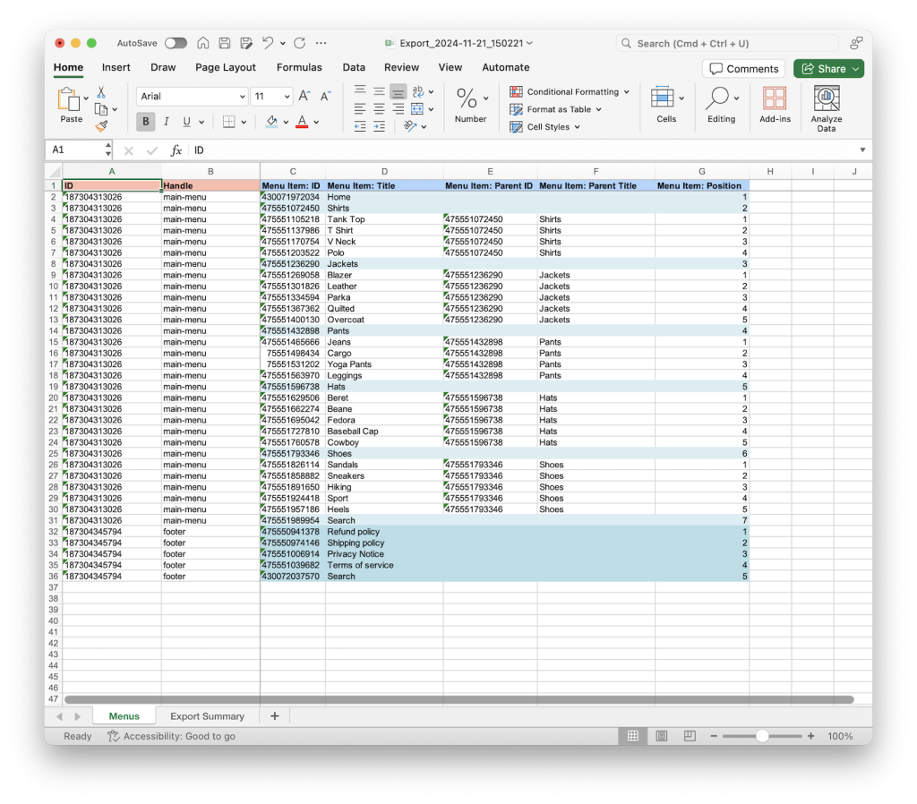 4 - Shopify menu item hierarchy exported in spreadsheet Excel file with Matrixify app