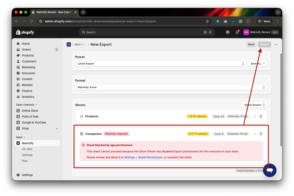 4 - Starting Export in Matrixify app disabled as selected sheet is not allowed for export