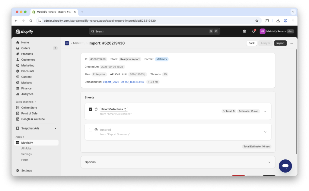 4 - Upload spreadsheet to Matrixify app to change product positions in Shopify