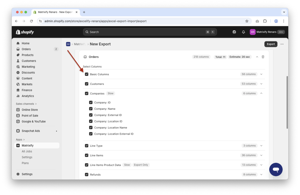 4 - configure Shopify Orders export with individual column selection