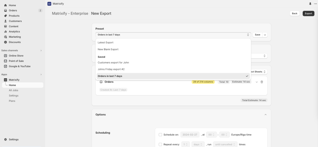 4 - use saved export preset template settings configuration in Matrixify Shopify