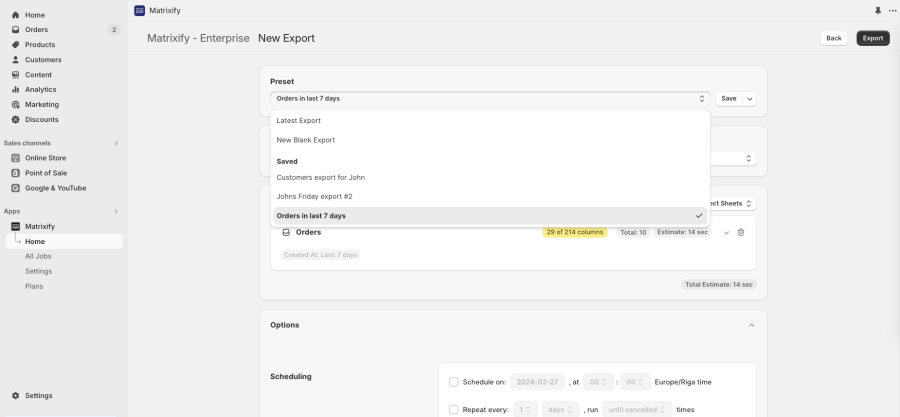 How to save export setup template as preset for regular use - Matrixify App