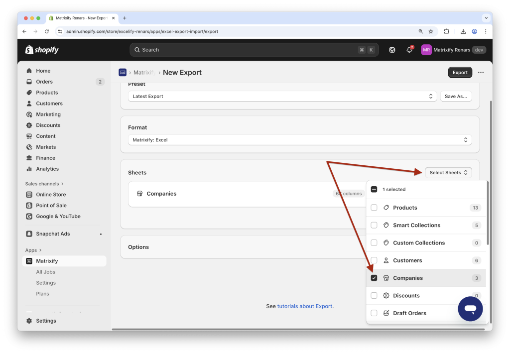 4. Choose to export Shopify B2B Companies sheet in Matrixify