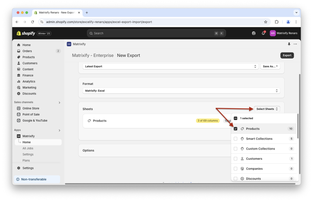 4. Create new Shopify Products export with Matrixify