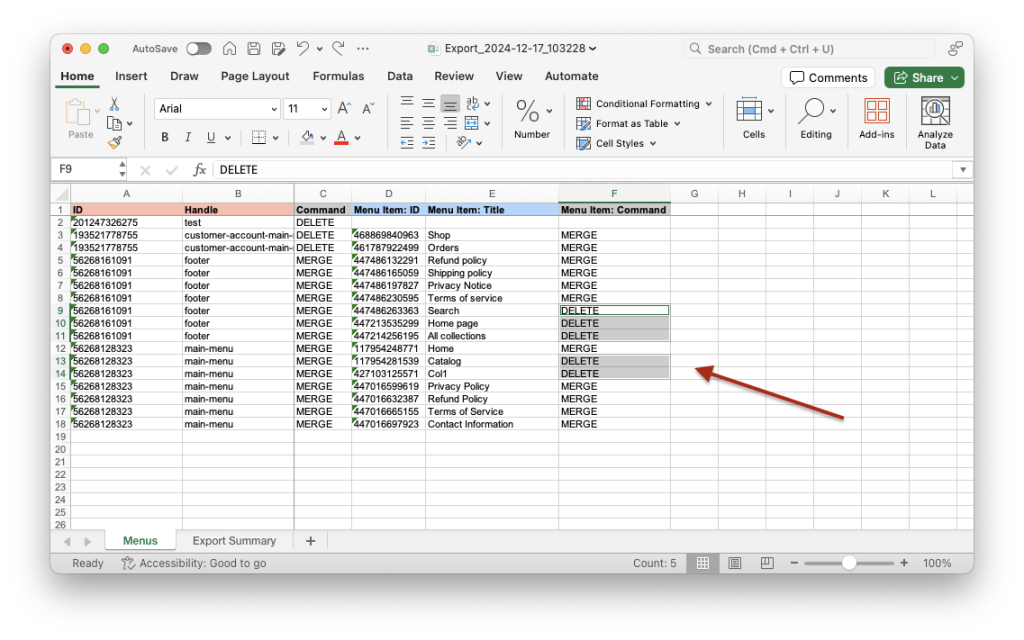 4. Edit Menu Item Command to bulk detele individual Shopify Menu Items