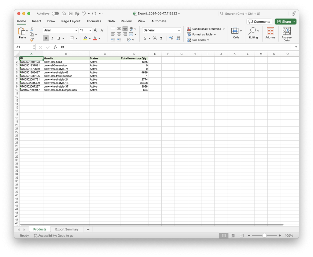 4. Exported Active Shopify Products total inventory quantity Excel XLSX CSV Matrixify app