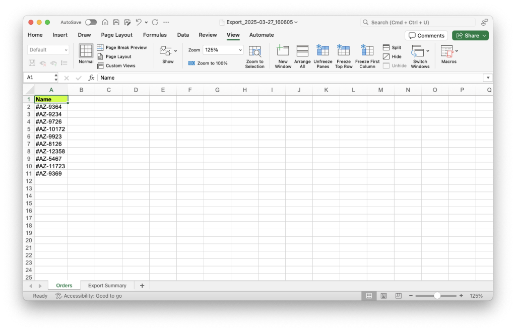 4. Exported Shopify Orders only Names with Matrixify app