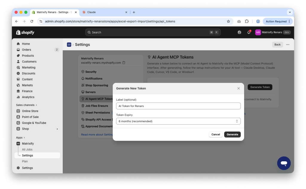 4. Matrixify MCP AI token generation - set token name and expiry