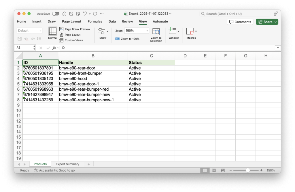 4. Product data spreadsheet in Excel XLSX file with specific columns only