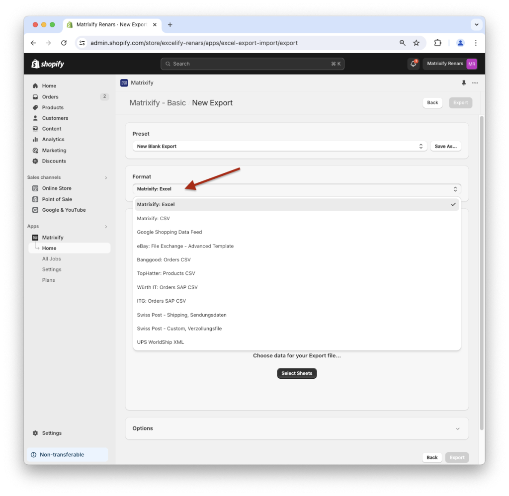 4. Select Shopify data export template columns datafeed format