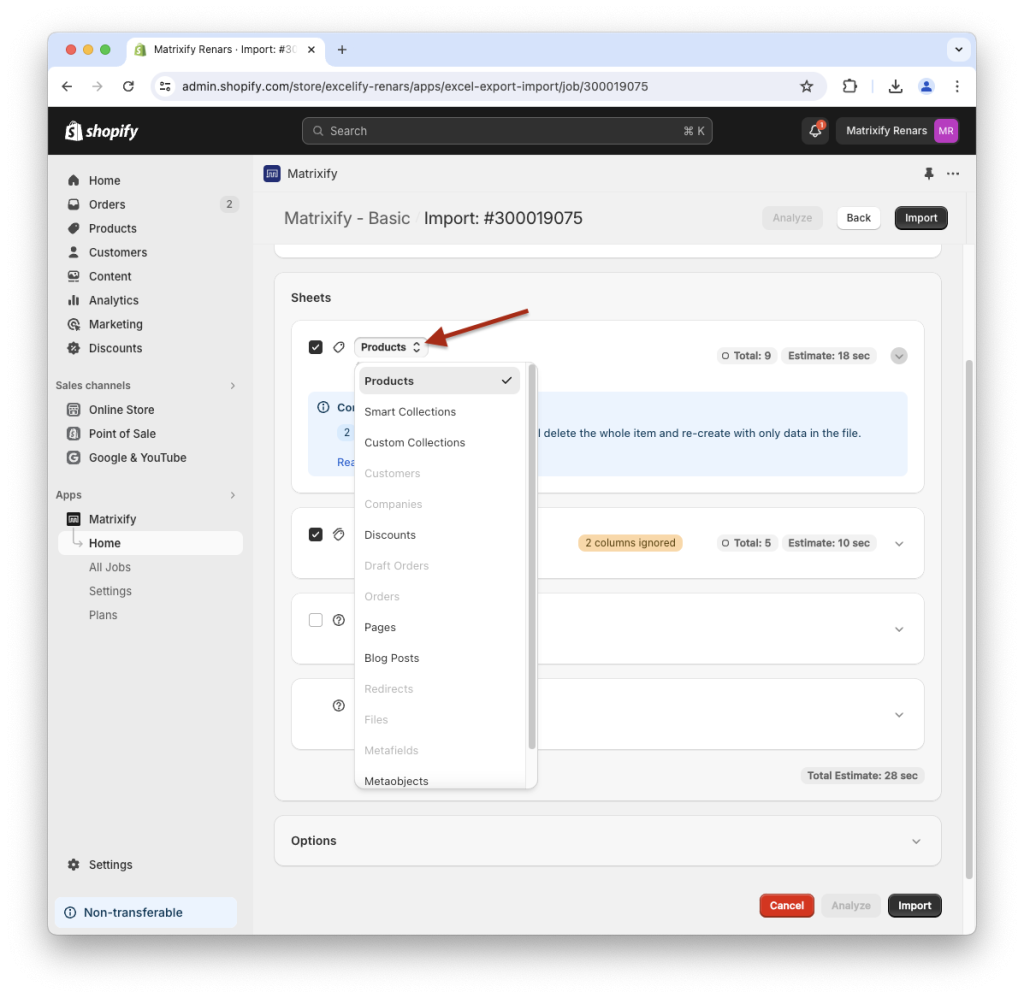 4. Select and change recognized Shopify data import entity Matrixify app
