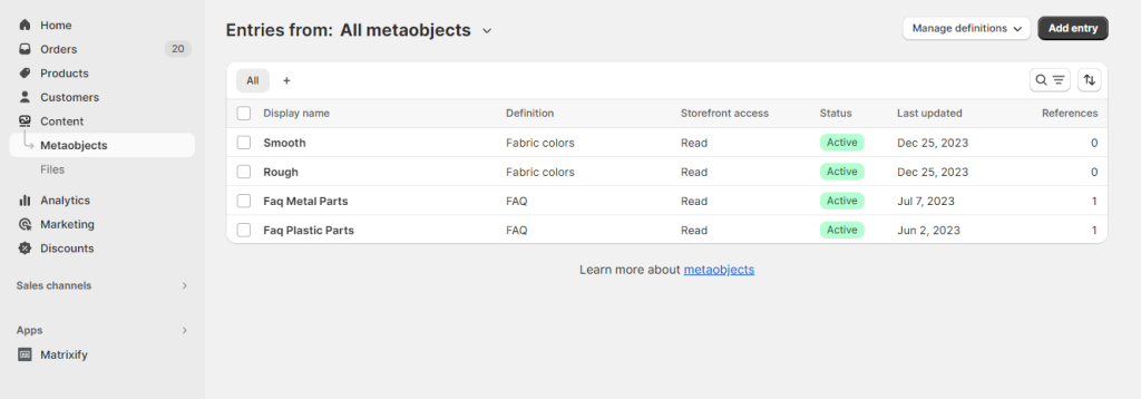 4. Shopify All Metaobject entries page - export CSV Excel Matrixify