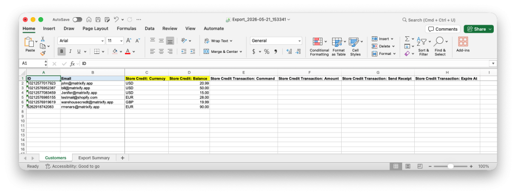 4. Shopify Customer spreadsheet add columsn for credit transactions