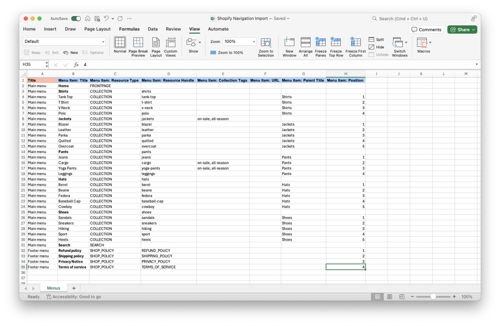 4. Shopify Online Store Navigation Menu import:export bulk create and migrate