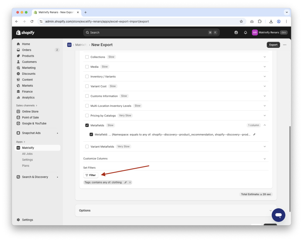 4. Shopify filter Product Exports with Matrixify