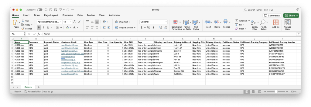 4. Spreadsheet to bulk import free gift Orders in Shopify store