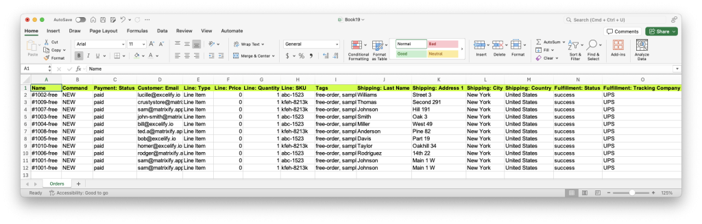 4. Spreadsheet to bulk import free gift Orders in Shopify store