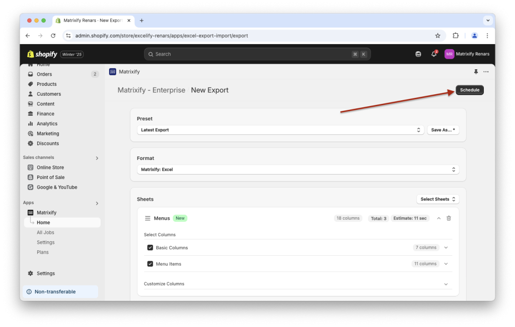 4. Start repeated Shopify Navigation Menu backup Matrixify app