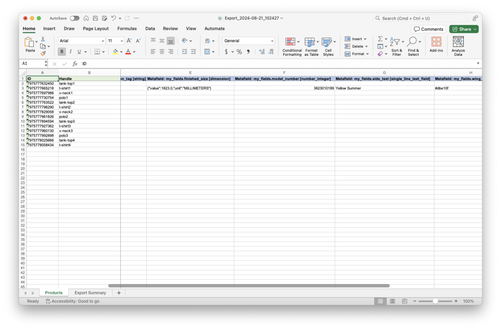 4. exported Excel CSV XLSX spreadsheet Shopify metafield values - Matrixify