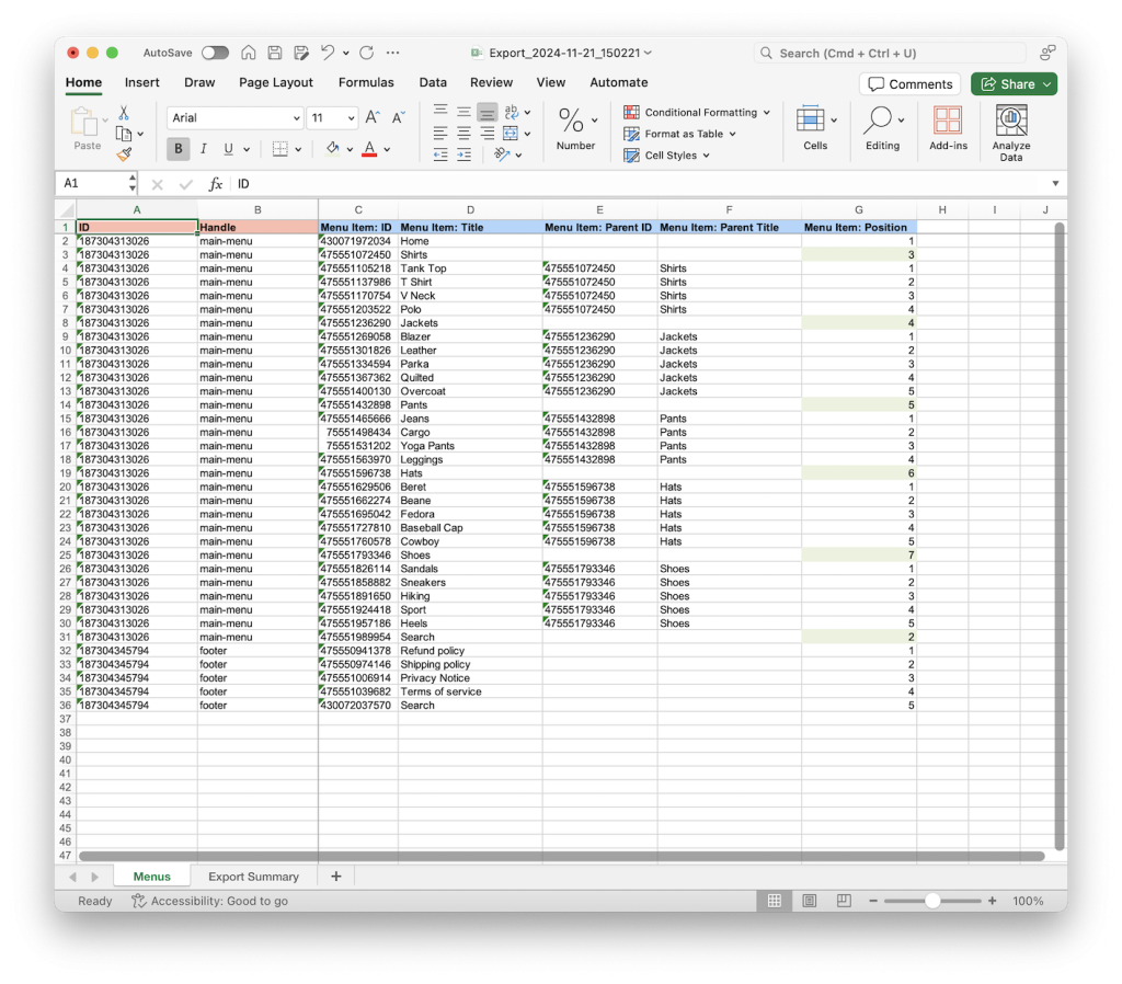 5 - Change menu item position number in spreadsheet file for Shopify menu items with Matrixify