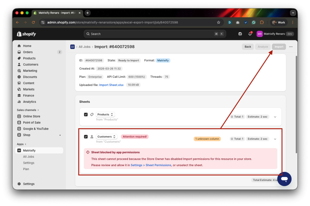 5 - Disabled Import start in Matrixify app with restricted sheet included in import