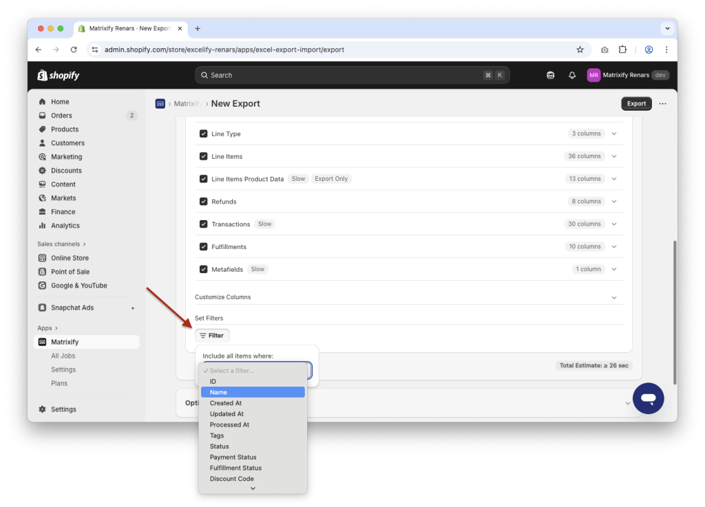 5 - Export specific Shopify Orders by applying export job filters
