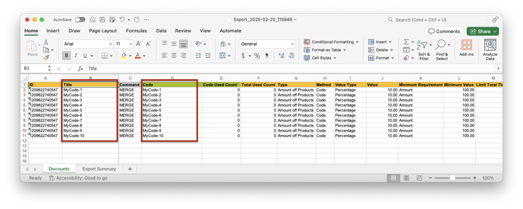 5 - New Shopify Discount Titles and Codes in Excel file