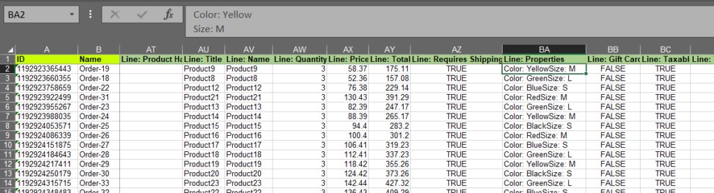 Shopify Order Line item properties export