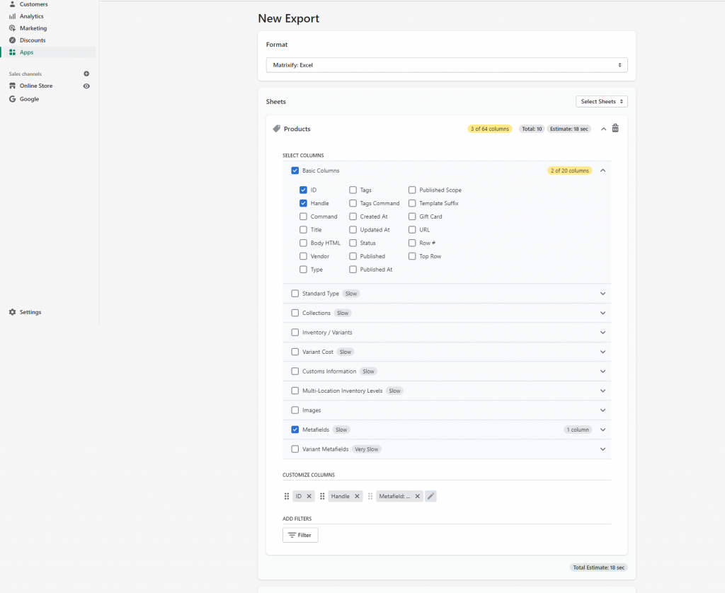 5 - create new export with specific columns in Matrixify app Shopify Excel CSV
