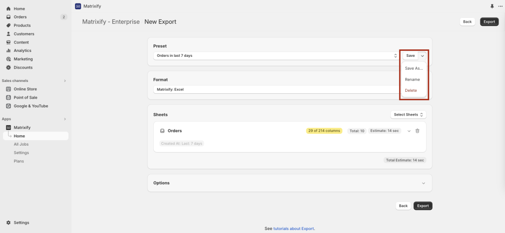 5 - rename, delete, save as Matrixify export preset custom epxort template save Shopify data export