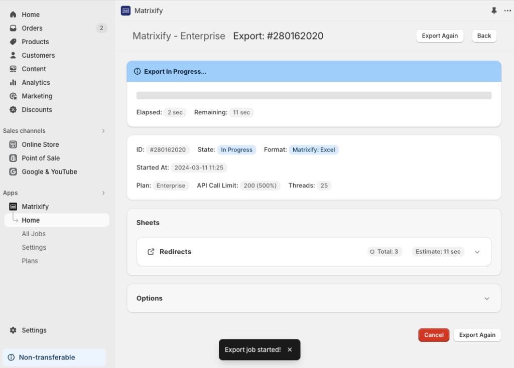5 - running - export Shopify URL page redirects Matrixify Excel XLSX CSV bulk