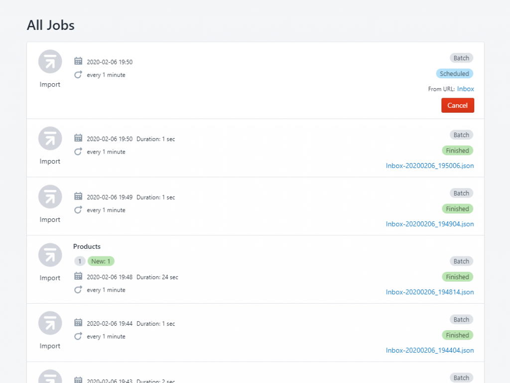 5 - see all import export files jobs shopify excelify bulk import direcotry sftp ftp
