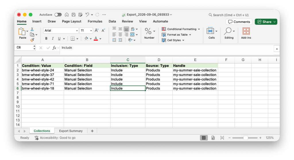 5. Collections spreadsheet in Matrixify template to bulk include manual selection products